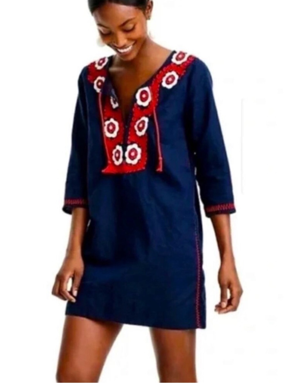 J. Crew Navy Swim Coverup Tunic with Red and White Embroidery